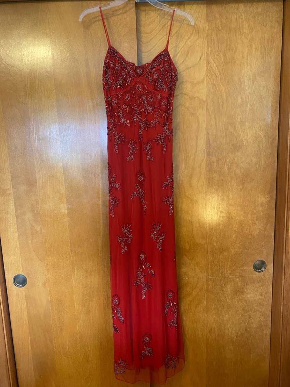 Night Way Collections Red Beaded Spaghetti-Strap Prom Gown